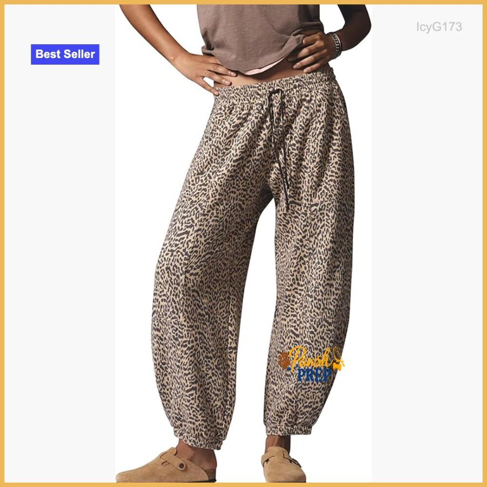 Leopard Print Barrel Sweatpants Women Baggy Casual Pockets